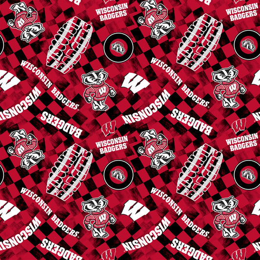Wisconsin Badgers NCAA College Checks Red Sykel Enterprises Canvas Duck Cloth Cotton Fabric WIS-1380-RED