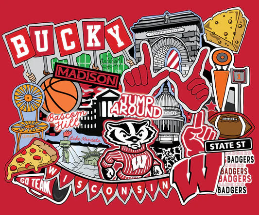 Wisconsin Badgers NCAA College Doodle Panel 36"x43" Sammy Sykel Enterprises Cotton Fabric WIS-2000