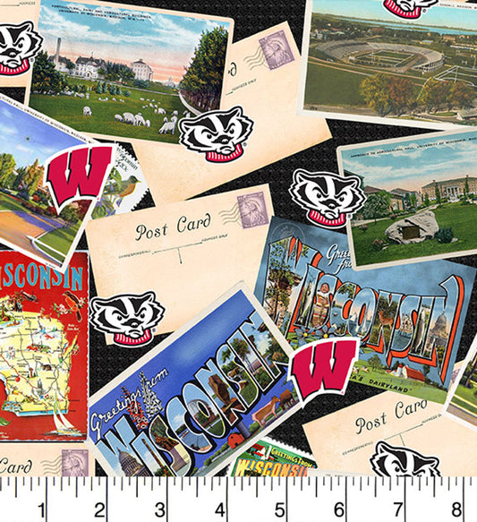 Wisconsin Badgers NCAA College Postcard Print Sykel Enterprises Cotton Fabric WIS-1211