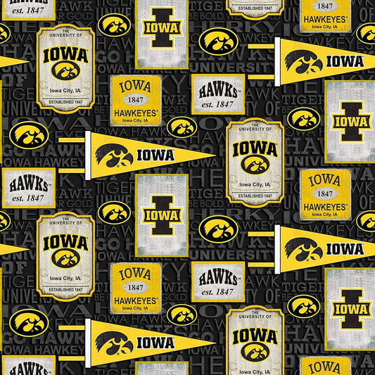 Iowa Hawkeyes NCAA College Vintage Pennant Sykel Cotton Fabric IA-1267